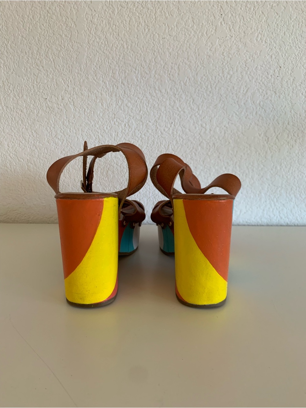 Mossimo Supply Co. Brown Leather Wedge Sandals with Colorful Painted Waves - Picture 4 of 7